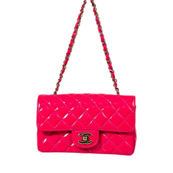CHANEL Handbags - Chanel Patent Leather Quilted Interlocking CC Flap Mini Shoulder Bag Neon Pink